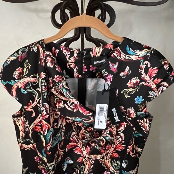 JUST CAVALLI Black Floral Print Shift Midi Cocktail Evening Dress NWT - Picture 3 of 10